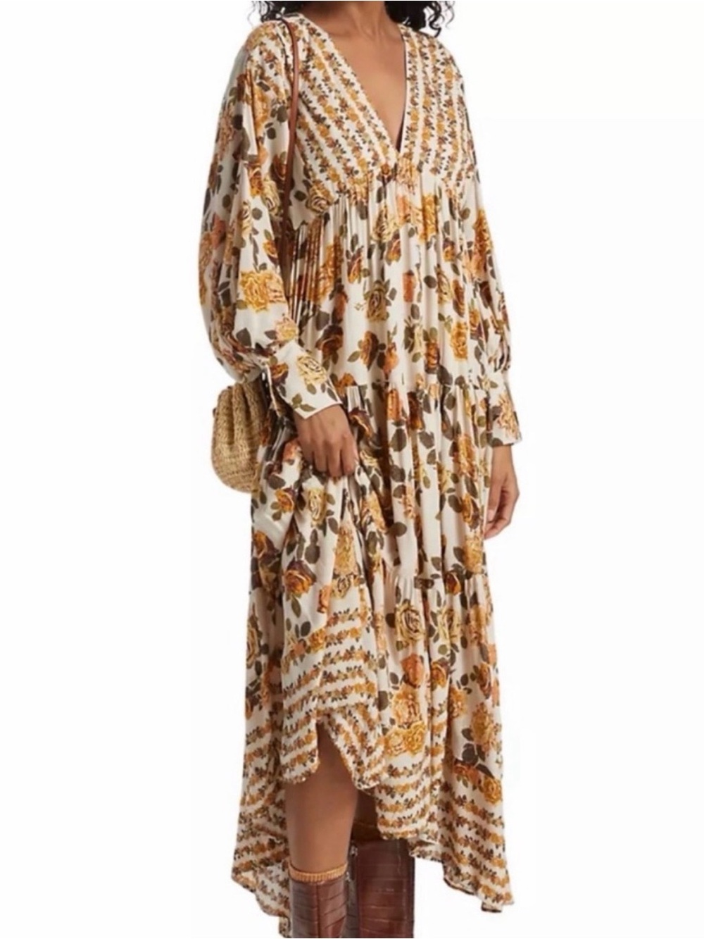 Free People Cream Maxi Dress with Mustard Floral Print